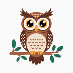 Cartoon Owl with Yellow Eyes Perched on a Branch with Green Leaves.
