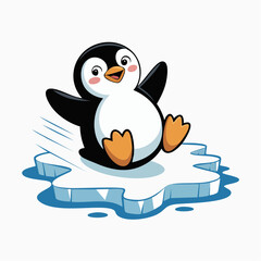 Cartoon Penguin Sliding on Iceberg with Joyful Expression and Motion Lines.