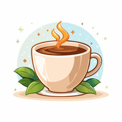 Steaming Coffee Cup with Tea Leaves and Decorative Sparkles Illustration.