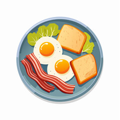Stylized Breakfast Plate with SunnySide Up Eggs Bacon Toast and Greens.