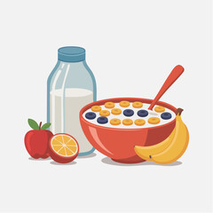 Cartoon breakfast scene with cereal milk fruit and a spoon in a red bowl.