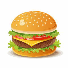 Cartoon Burger with Sesame Seed Bun Lettuce Tomato Cheese and Beef Patty.
