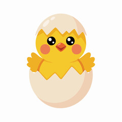 Cartoon Chick Hatching with Blue and Black Eyes in Cracked Eggshell.