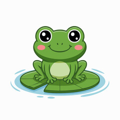 Cartoon Green Frog Sitting on a Lily Pad with Big Eyes and Rosy Cheeks.