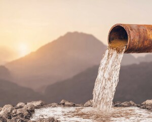 Fototapeta premium High-Quality Environmental Pollution Image Showing Rusty Pipe Dumping Wastewater at Sunset Authentic Industrial Accountability for Social Media and Marketing Campaigns