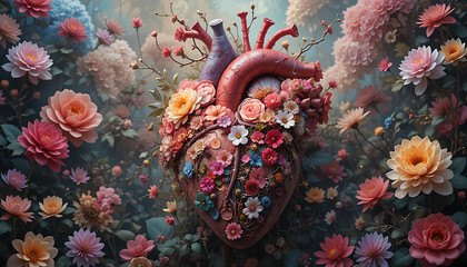 Surreal anatomical heart grown from pink flowers and leafy branches on dark background representing love, healing, and romantic botanical symbolism.