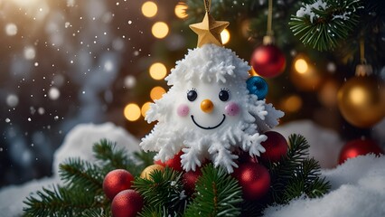 Obraz premium A cute smiling snowman ornament with a red hat placed on a christmas tree decorated with colorful baubles while snow is falling. Christmas concept