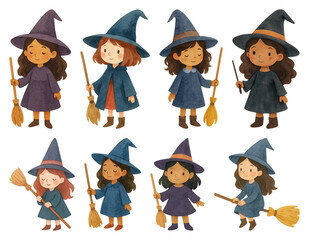 PNG Charming witches with brooms illustration, element set on transparent background