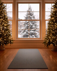 Fototapeta premium Christmas Digital Detox, finding inner peace with yoga by the window, surrounded by trees and soft lights on a snowy day.
