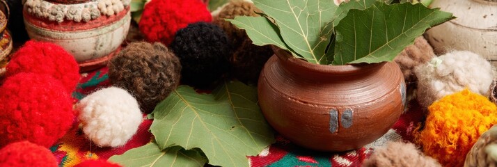 Authentic Traditional Indian Kalash with Sacred Leaves and Pom-Poms Premium Festive Market Decor for Millennial Lifestyle and Social Media Advertising