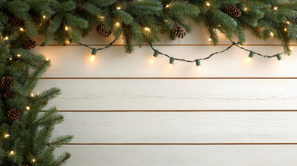 Festive holiday background with pine branches, glowing string lights, and pinecones on a white wooden panel—perfect for Christmas themes.