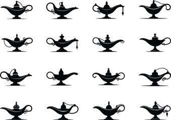 Magic lamp silhouette vector, antique oil lamp design, Arabian genie lamp illustration, mystical object, cad drawing flat vector illustration