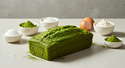 Matcha loaf cake
"A rectangular loaf cake with green matcha crumb, bright light, centralized and on minimalist counter top with ingredients on side."