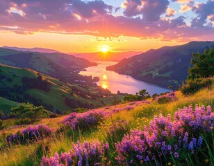 Stunning mountain sunset over a lake