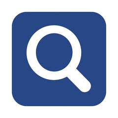 White magnifying glass icon on a blue square background