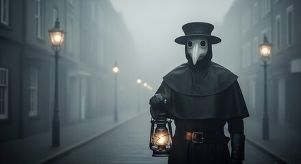 Eerie plague doctor in foggy street with lantern. Perfect for Halloween, historical fiction, or pandemic themes. Dark, mysterious, and historically evocative.