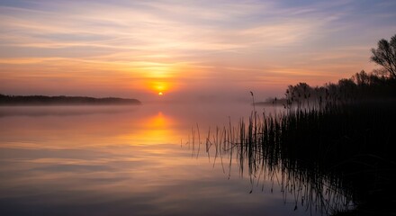 Obraz premium A serene sunrise paints the tranquil lake with soft, golden hues, reflecting calmness and tranquility.