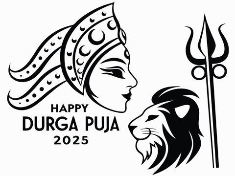 Durga Puja 2025 Celebration Vector &ndash; Maa Durga Face with Trishul