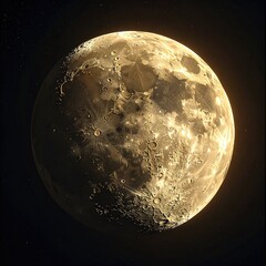 Naklejka premium Golden gibbous moon, detailed craters