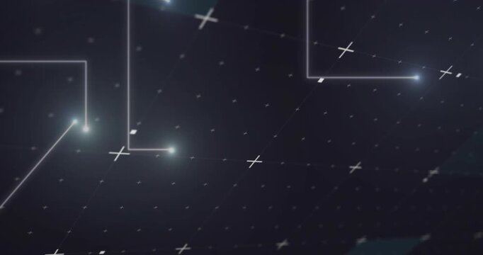 Brighter points appearing near top dropping leaving trails bending into light nodes forming circuit