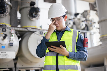 Male electrical engineer in safety helmet and reflective vest using digital tablet with stylus for inspection at high-voltage gas-insulated switchgear, focusing on safety, monitoring, and efficiency