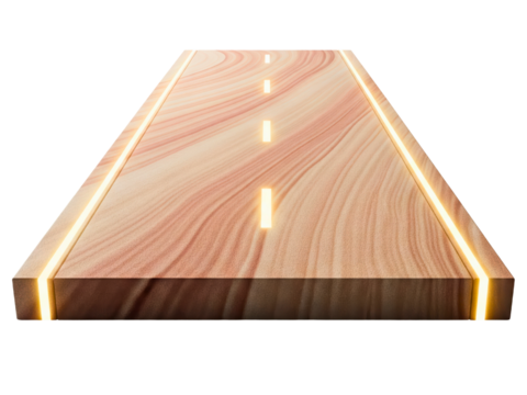 Surreal empty road made of stone with glowing lane markers on a transparent background