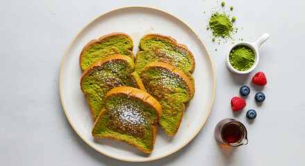 Matcha French toast | "Slices of golden matcha French toast dusted with powdered sugar, bright light, centralized and on minimalist counter top with ingredients on side