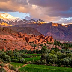A picturesque mountain landscape with a village nestled in a valley.  A vibrant sunset casts warm hues on the scene