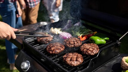 Premium Authentic Backyard Summer Barbecue with Juicy Hamburgers Grilling for Young Adults Social Media and Marketing Campaigns