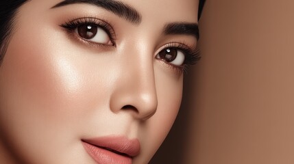 Fototapeta premium Elegant woman with long black hair and vibrant pink lipstick, a captivating portrait.