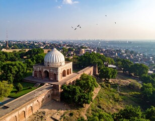 High-angle view of a historic building with a white dome, nestled within lush greenery, overlooking a city