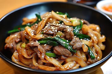 Black bowl filled dish stir-fried noodles meat are Spicy chicken pad see