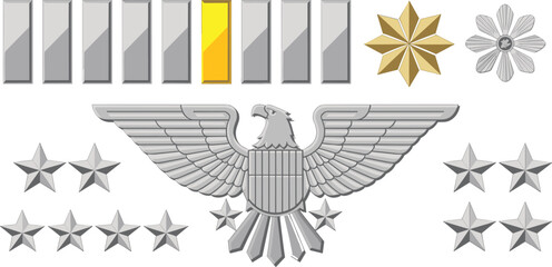 Vector Illustration of Military Rank Insignias with Gold Bar Silver Stars and Eagle Colonel Symbol Pentagon General Badge Set Design