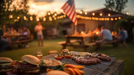 Backyard barbecue party with american flag and string lights at dusk evening