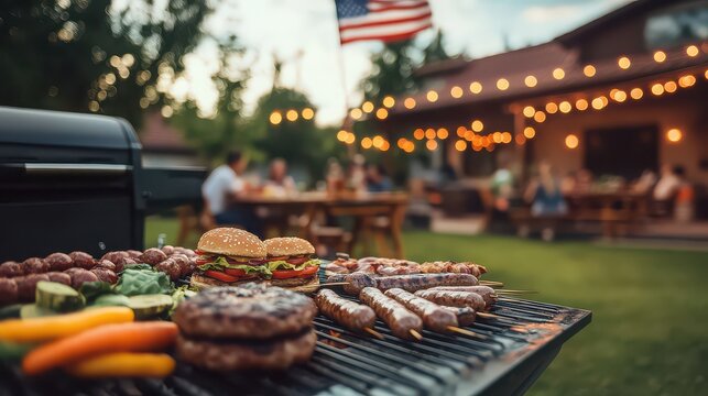 Backyard barbecue with burgers sausages and the american flag in the background