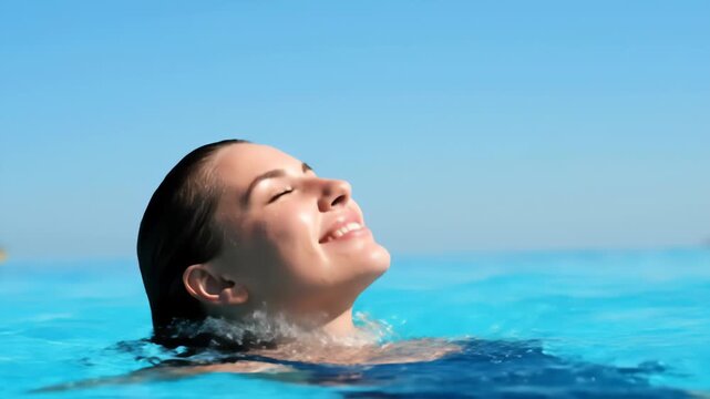 A young woman with wet hair and wearing a blue swimsuit relaxes in a pool with bright, clear blue water. Her eyes are closed as she enjoys the refreshing coolness.