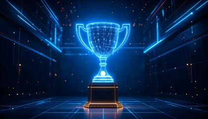 A futuristic digital render of a glowing blue trophy made of a network of interconnected lines, standing on a pedestal in a dark