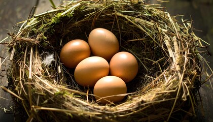 A high-angle close-up of a rustic nest made of twigs, grass, and moss, with five smooth brown eggs nestled within, suggesting new life or natural simplicity.