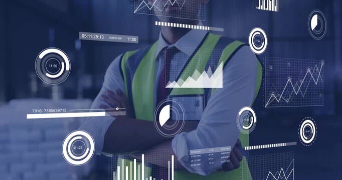 male in safety vest reacting AR overlays adjusting vest and donning helmet scanning warehouse data