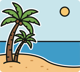 Tropical Beach Scene with Palm Trees and Sun