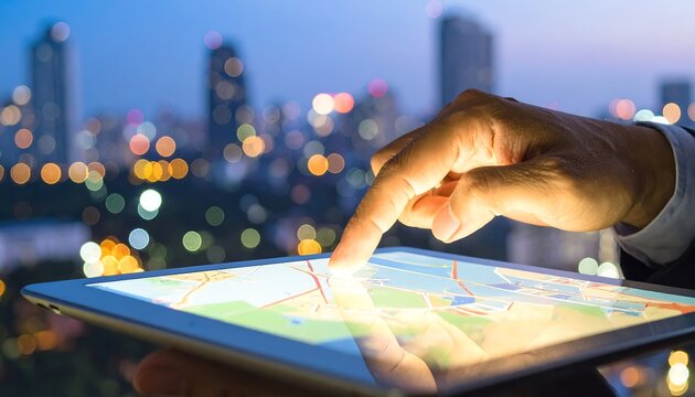 A person using a tablet to view a digital map at night in a city