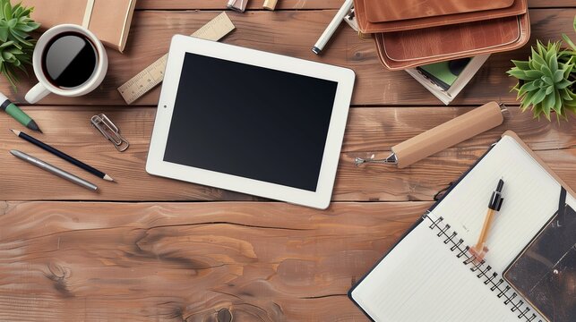 Digital tablet mockup on wooden desk with scattered stationery, modern e-learning theme.