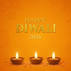 "Happy Diwali 2026" on a traditional Indian background with intricate marble patterns and fluttering candles. Elegant modern sans-serif font, 48 pt, perfectly centered with tight spacing and ...