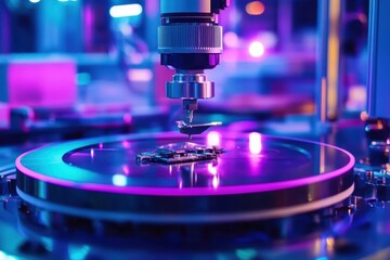 Close-up robotic arm laboratory setting is made metal manufacturing of semiconductors