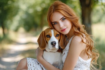 a young woman with red hair sits on a path in a park, holding a beagle dog on a summer day