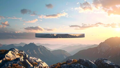 Futuristic Cylindrical Structure Floating Over Majestic Mountains at Golden Hour, Reflecting Sunset Sky and Alpine Landscape