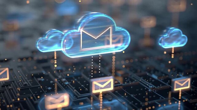 Cloud Email Communication and Digital Mail Icon for Data Transfer, Futuristic Network, Glowing Security, Technology Background