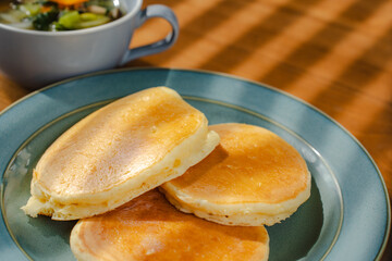 Homemade pancakes with soup for breakfast
