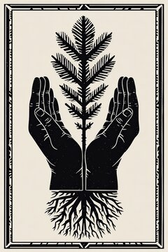 Woodcut Illustration of Hands Holding Stylized Bird with Outstretched Wings