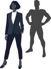 Confident Businesswoman Standing with Superhero Silhouette Behind Her, Empowerment and Leadership Concept Vector for Corporate and Inspirational Designs

